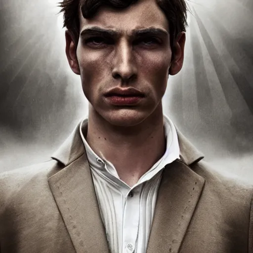 Prompt: portrait of a regal prince with sharp cheekbones, white clothes, high collar, close up, wistful melancholic hopeful expression, super details, surrounded by furious people, modern digital art, matte painting, science fiction