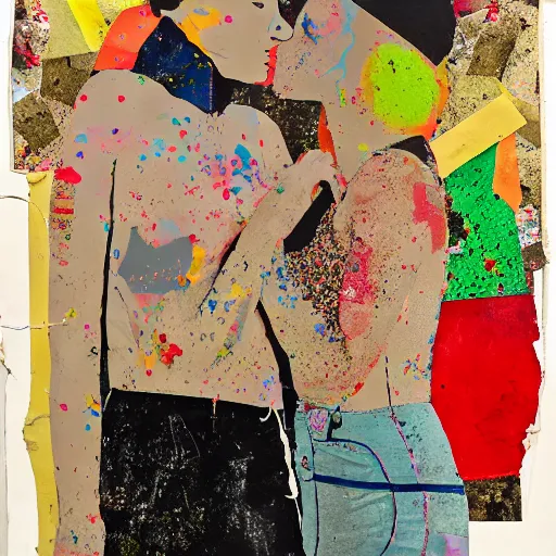 Image similar to two women kissing at a carnival in a war zone, mixed media collage, retro, paper collage, magazine collage, acrylic paint splatters, bauhaus, claymation, layered paper art, sapphic visual poetry expressing the utmost of desires by jackson pollock