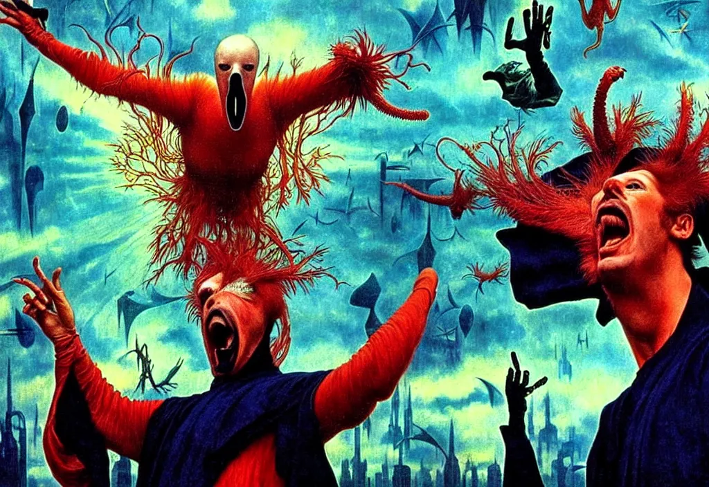 Image similar to realistic detailed portrait movie shot of a screaming birdman wearing black robes, sci fi city landscape background by denis villeneuve, amano, yves tanguy, alphonse mucha, ernst haeckel, max ernst, roger dean, masterpiece, rich moody colours, dog teeth, blue eyes