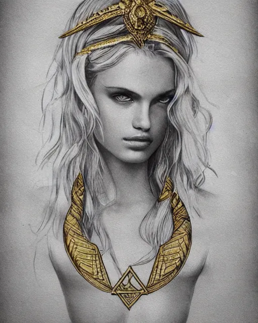 Image similar to tattoo design sketch of cute beautiful blonde super model as aphrodite greek goddess wearing a gold laurel wreath and triangle earrings, beautiful piercing gaze with sharp pupils, in the style of greg rutkowski, fantasy, amazing detail, epic, elegant, smooth, sharp focus, front view