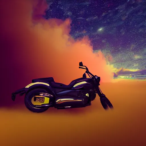 Prompt: a motorcycle floating in space inside magic colorful glowing fog, tilted camera, starry sky, tranquil, desolate, atmospheric, hazy, autochrome, 8k, octane render, unreal engine 5
