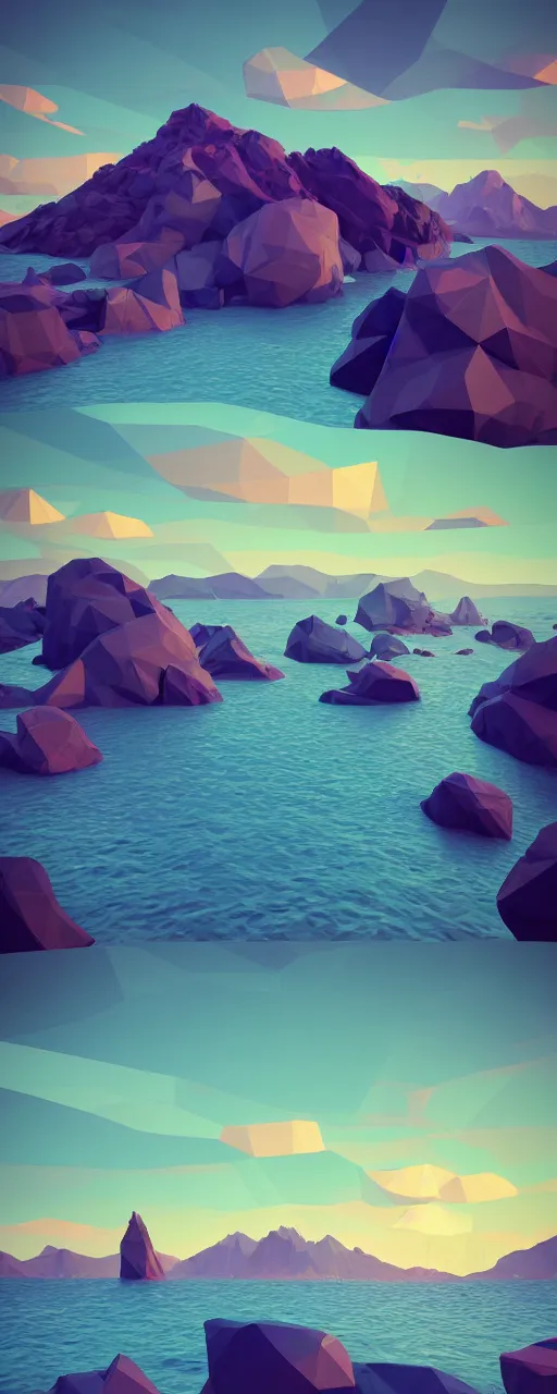 Image similar to super detailed color lowpoly art, northern sunset with rocks on front, monochrome photorealistic bay in the middle of perspective and mountains at background, big graphic vessel in random point of bay, unreal engine, retrowave color palette, 3 d render, lowpoly, colorful, digital art, perspective