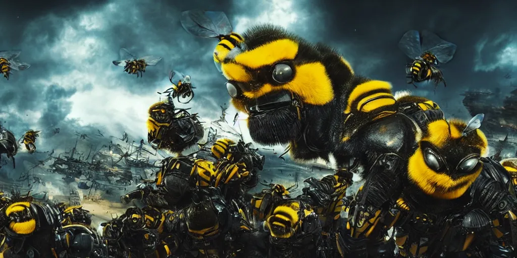 Prompt: Bumblebees going to war versus Humanity, realistic 4k octane beautifully detailed render, 4k post-processing, highly detailed, intricate complexity, epic composition, magical atmosphere, cinematic lighting, masterpiece, ultra hd