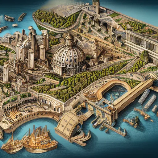 Prompt: Italian renaissance inspired steampunk coastal city, axonometric exploded view, high detail, 8k, photorealistic