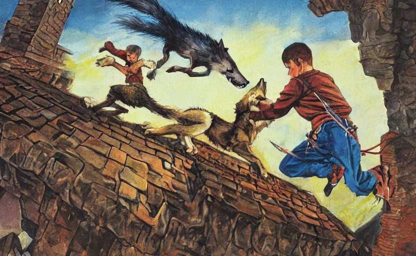 Prompt: a boy fighting a wolf on the edge of a clocktower, by josh kirby gouache, print