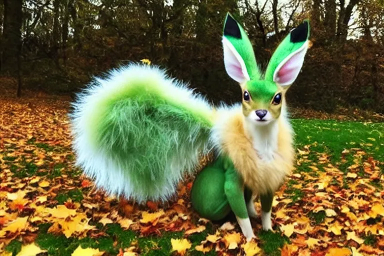 Prompt: real life leafeon pokemon, cute!!!, heroic!!!, adorable!!!, playful!!!, fluffly!!!, happy!!!, cheeky!!!, mischievous!!!, ultra realistic!!!, autumn, clear weather, golden hour, sharp focus