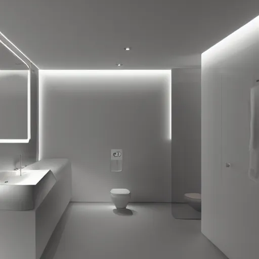 Image similar to bathroom with warm white led strip lighting, photorealistic, product render