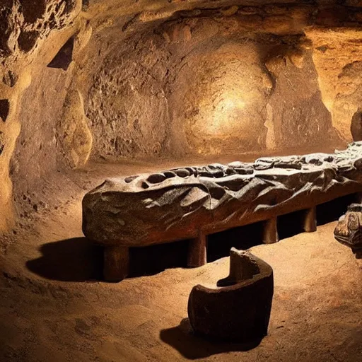 Prompt: huge obsidian monument to occult gods found in an enormous hidden ancient Aztec cave, cinematic lighting