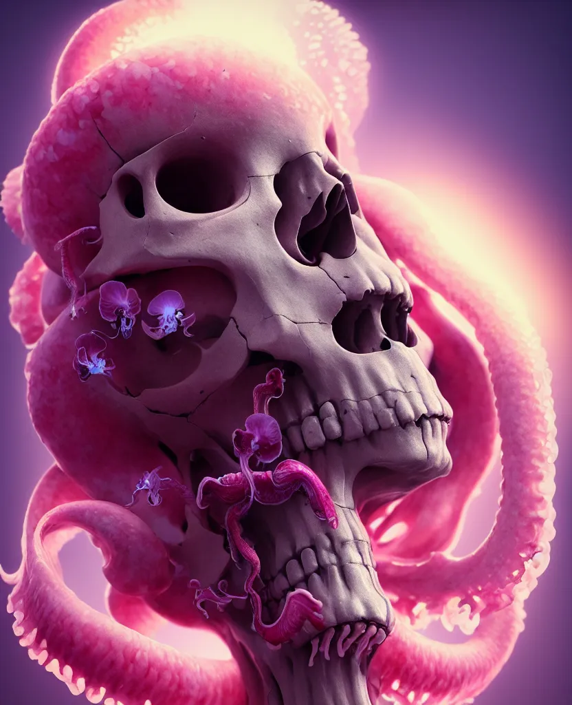 Image similar to goddess close - up portrait human skull, ram skull, squid phoenix jellyfish, orchid, betta fish, bioluminiscent, intricate artwork by tooth wu and wlop and beeple. octane render, trending on artstation, greg rutkowski very coherent symmetrical artwork. cinematic, hyper realism, high detail, octane render, 8 k