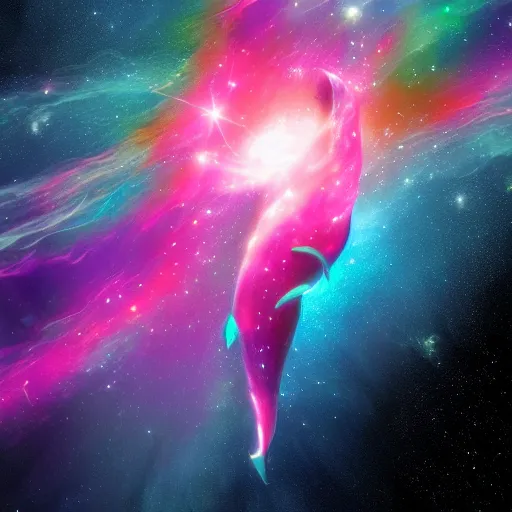 Prompt: digital illustion of a pod of majestic cosmic dolphins swimming through a nebula in space, deviantArt, artstation, artstation hq, hd, 4k resolution