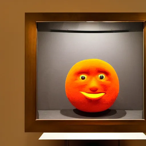 Image similar to a taxidermized humanaized orange, in a museum, portrait, sad eyes