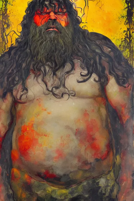 Prompt: surreal a hulking herculean hagrid in a post apocalyptic hellscape, esoteric symbolism, intense emotional power, red yellow black, palette knife oil painting by peter booth and william blake