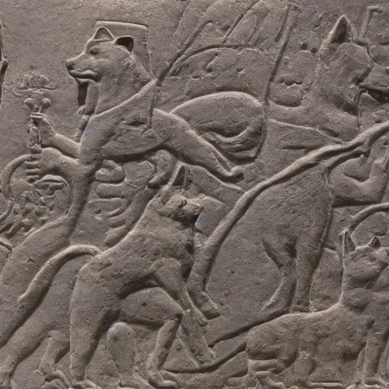 Prompt: ancient Babylonian stone bas relief depicting a powerful shiba inu god