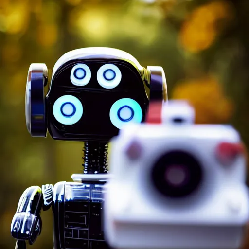 Prompt: portrait of a robot with camera eyes, bokeh, hd, 4 k, anne leibovitz