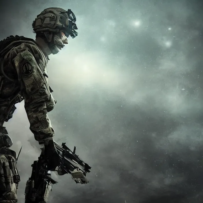 Image similar to cinematic background blur bokeh, beautiful lighting, call of duty ghost soldier looking out into the vastness of space, digital art