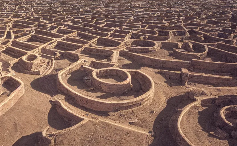 Prompt: high quality 2000s historic footage of gigantic labyrinth in the desert buildings in liminal space style and megalith, color aerial photo drone, Cinestill 800t, heavy grainy picture, very detailed, high quality, 4k panoramic