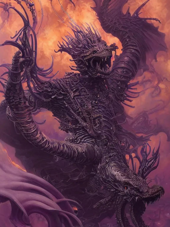 Image similar to black dragon breathing purple fire, ultra realistic, wide angle, intricate details, the fifth element artifacts, highly detailed by peter mohrbacher, hajime sorayama, wayne barlowe, boris vallejo, aaron horkey, gaston bussiere, craig mullins