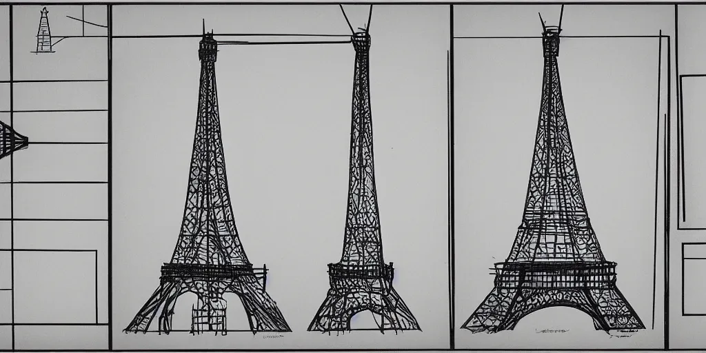 Prompt: architectural schematics of Eiffel Tower, drawn by Ed Wood Jr, in the style of Bauhaus