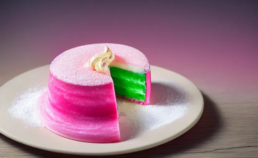 Image similar to A photo of a swedish princess cake from the side on a wooden table, covered with pink marzipan, some powder sugar and a green marzipan leaf in the center. Sunset. 4K. Cinematic lighting. High detail. Realistic. Delicious.