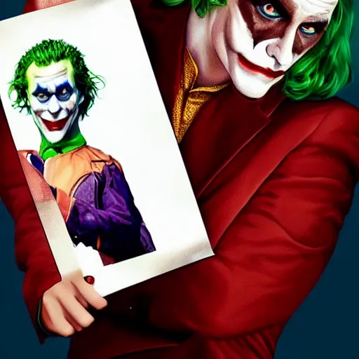 Prompt: the joker holding a printed photo of Margot Robbie, digital painting, amazing detail, artstation, cgsociety