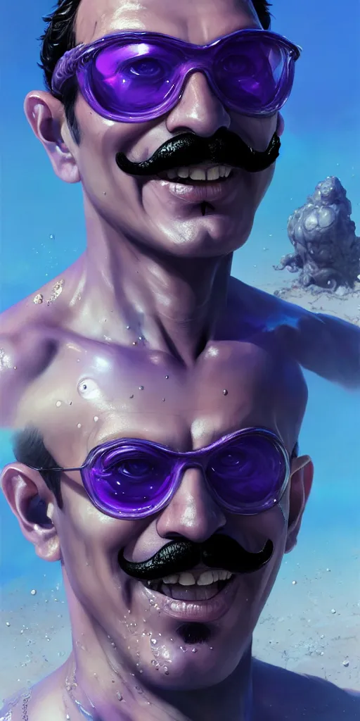 Image similar to Extremely Detailed and Full Portrait scene of Gooey Ocean scene in ink and refined sand, Waluigi with shades on face. wearing a purple dress full body smiling by Akihito Yoshitomi AND Yoji Shinkawa AND Greg Rutkowski, Mark Arian trending on artstation