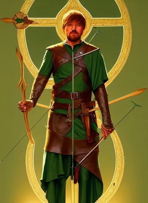 Image similar to symmetry!! portrait of robin hood as a saint in a green medieval suit with a bow and arrows, golden hour, intricate, elegant, highly detailed, digital painting, artstation, concept art, smooth, sharp focus, illustration, art by artgerm and greg rutkowski and alphonse mucha