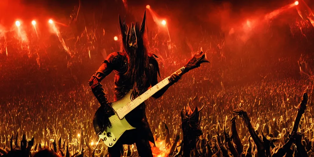 Image similar to Sauron playing guitar in a rock concert to a crowd of 5000 orcs in Mordor, epic, realistic, 8k resolution, detailed, cinematic lighting, cinematic