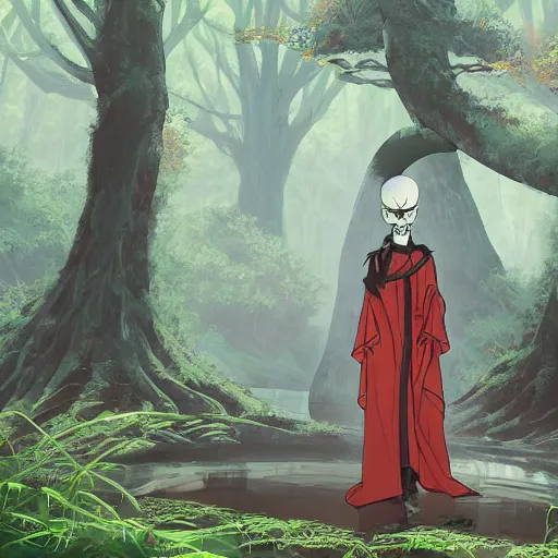 Image similar to concept art painting of an anthropomorphic dragon king with black robes, a long neck, and skull mask, in a deep forest, cel shaded, in the style of makoto shinkai and james gurney and studio ghibli and moebius