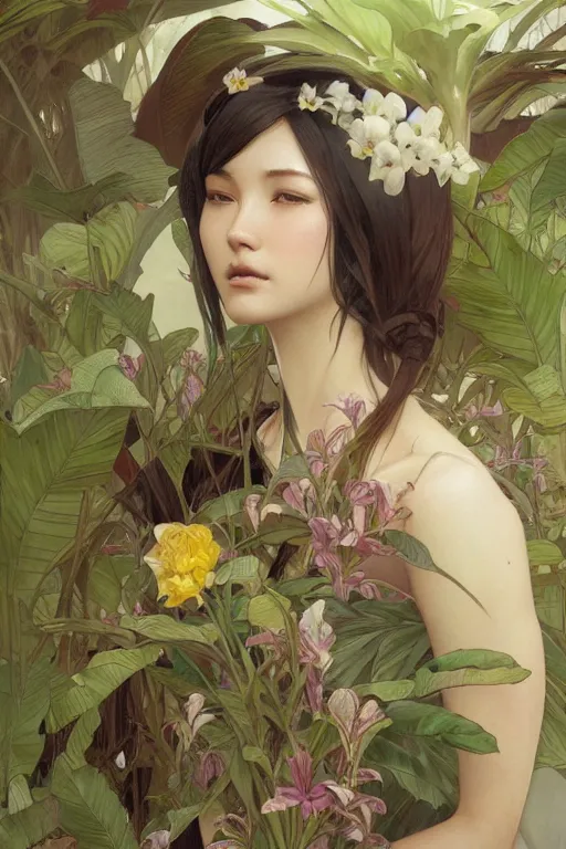 Image similar to ultra realistic illustration, banana plants drawing and flowers, japanese's art style, elegant, highly detailed, digital painting, concept art, smooth, sharp focus, illustration, art by greg rutkowski and alphonse mucha