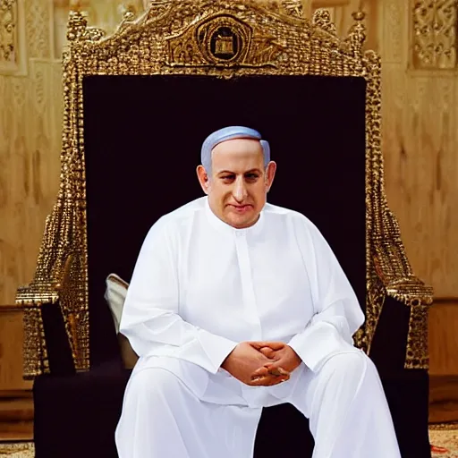 Image similar to Benjamin Netanyahu as a fat Arab king, sitting on his throne