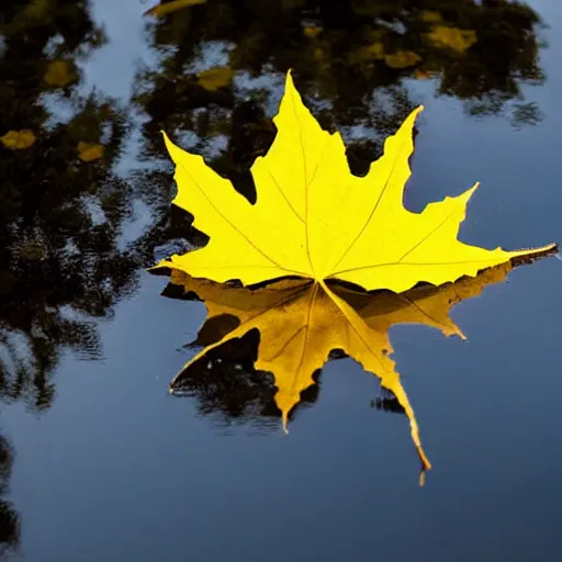 Image similar to close - up of a yellow maple leaf floating on top of a pond, with reflection