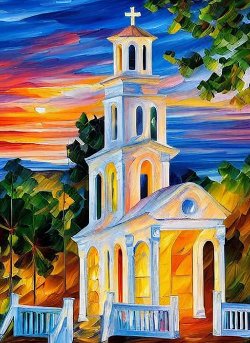 Image similar to beautiful seaside greek chapel in village at sunset in the style of leonid afremov