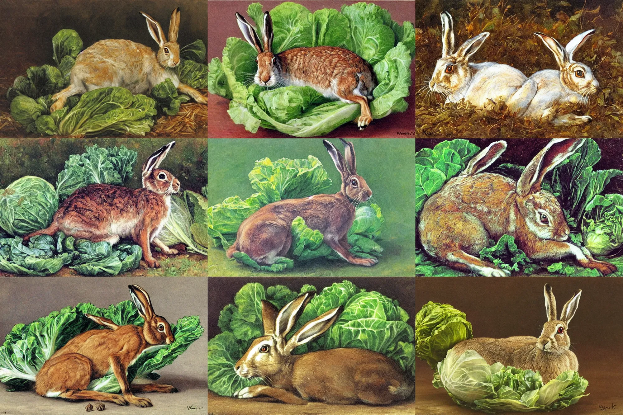 Prompt: hare in cabbage by wojciech kossak,