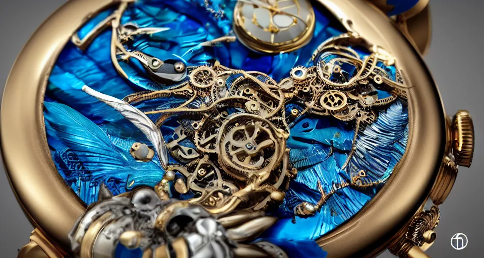 Image similar to a steampunk sleek, jewelled, tropical bird repeater watch by Jaquet Droz, highly detailed illustration highlights, gold and silver highlights, neon blue highlights, macro photography, F/2.8, trending on artstation, octane render