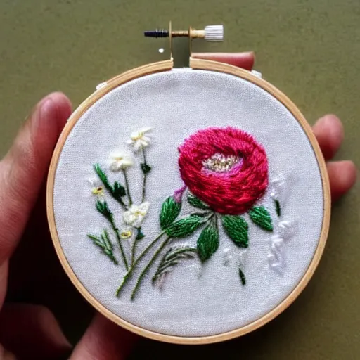 Image similar to a tiny beautiful handmade embroidery of a weddibg bouquet. hand embroidery.