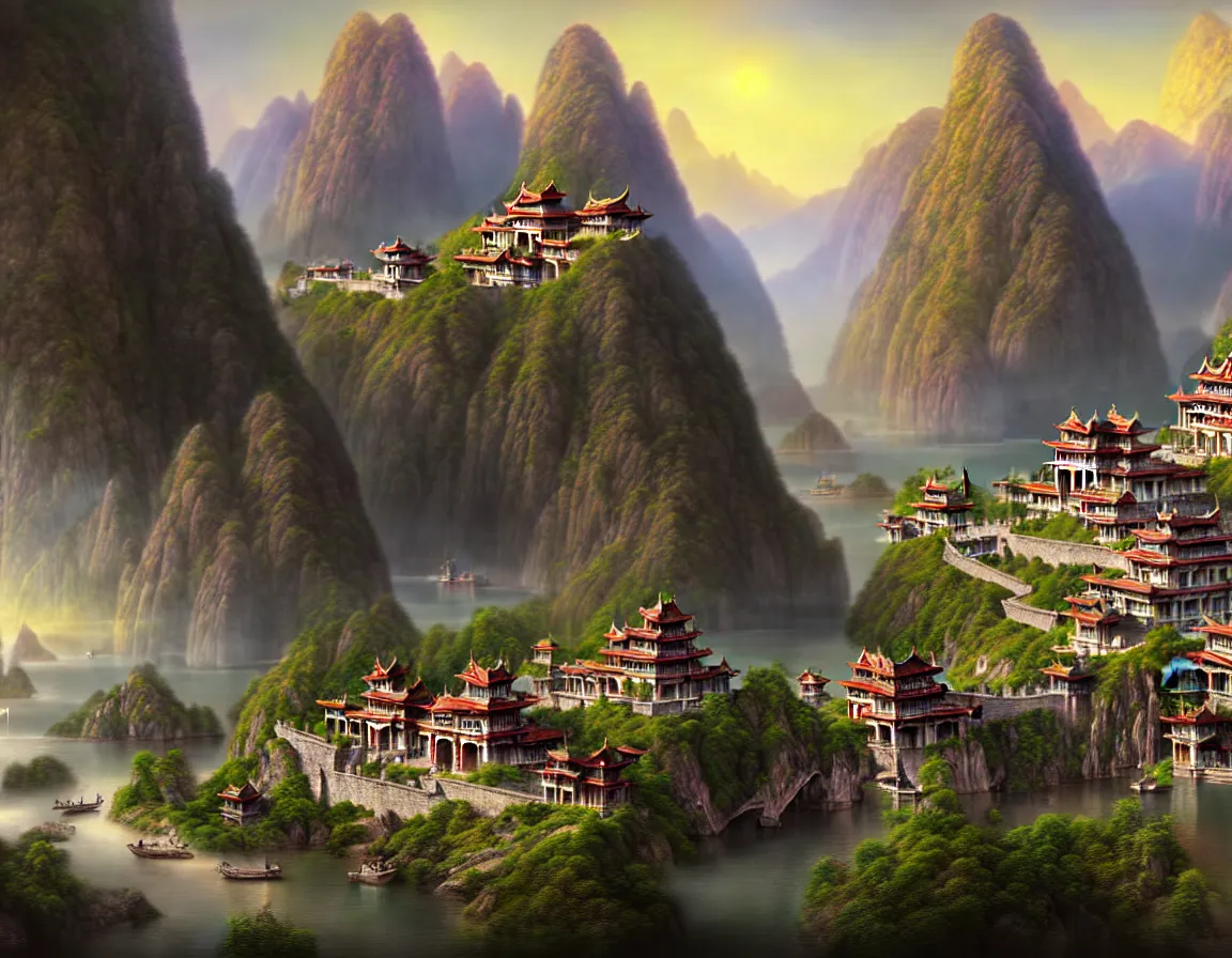 Image similar to hyper realistic detailed matte painting of legendary ancient town island of shangrila, 8 k ultra hd, by jan matejko