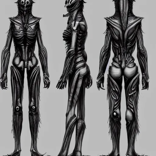 Image similar to human inspired by HR Giger, Character reference Sheet