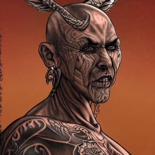 Prompt: portrait of a tattooed, friendly!, good spirited!!! daemon monk warrior, small horns, large wings!!!, in the style of victor adame minguez, trending on artstation, desert background, shadowy, chaotic undertones, high detail, 8 k