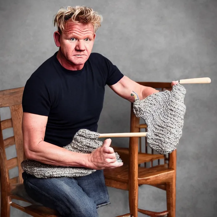 Image similar to digital photography of gordon ramsay, sitting on a rocking chair, knitting a beef wellington. high quality, medium far shot