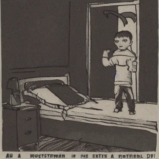 Image similar to a boy finds a small monster under his bed in the style of p. d. eastman