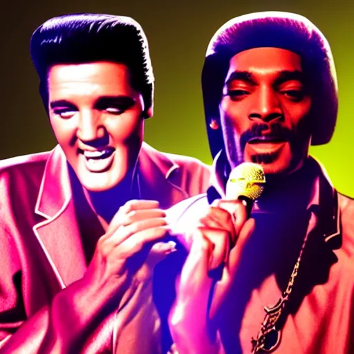 Image similar to elvis presley and snoop dog singing a duet one microphone, in las vegas, detailed, beautiful, dolby digital color, f 1. 8, promotional poster, photorealistic
