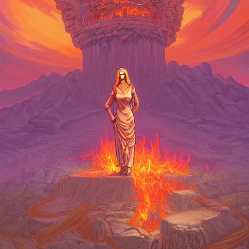 Image similar to pillar of salt shaped like a 30 year old woman in Biblical clothing. Fiery destruction of Sodom and Gomorrah. digital art by Dan Mumford and Peter Mohrbacher, highly detailed, trending on ArtStationHQ