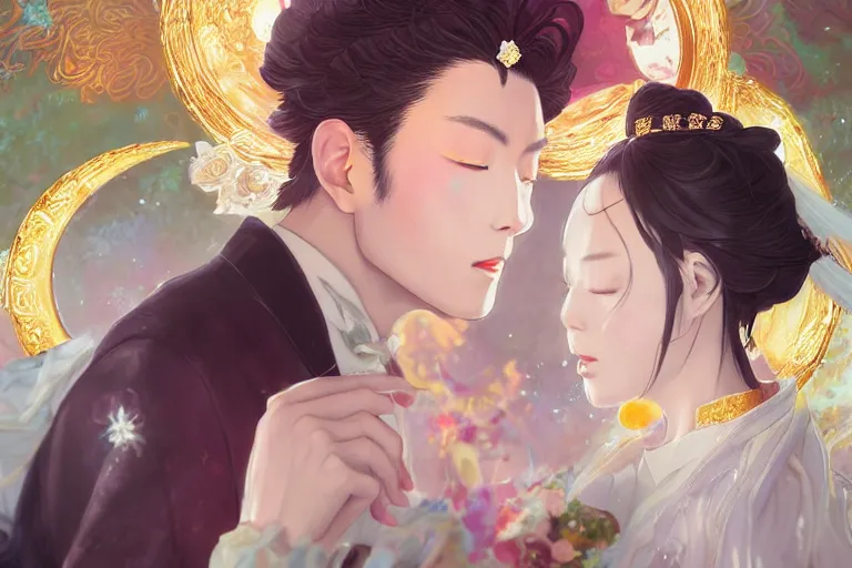 Prompt: a dreamlike portrait of wedding photograph close up moment of a divine a taiwan sun god and moon goddess lovers magician at a wedding banquet. portraiture. digital painting. artstation. concept art. fantasy wedding photo. digital painting, 8 k realistic, hyper detailed, by makoto shinkai and akihiko yoshida and hidari and wlop