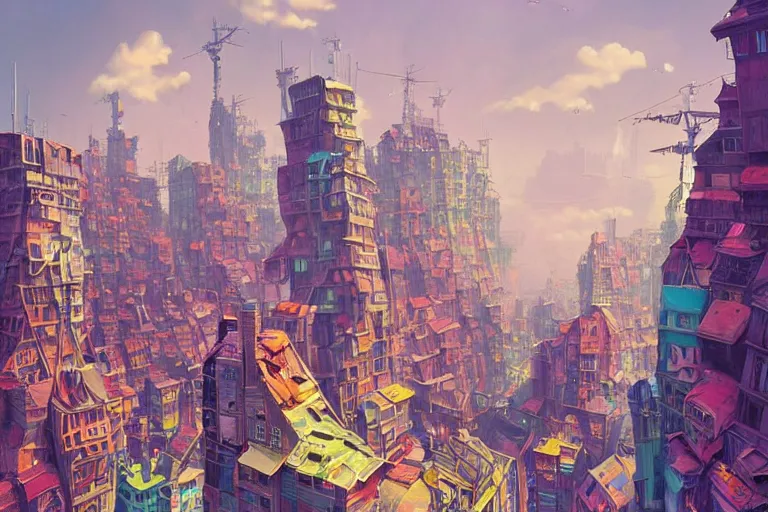 Image similar to surreal cyberpunk city, floating house in the sky, summer morning, very coherent and colorful high contrast, art by!!!! gediminas pranckevicius!!!!, geof darrow, dark shadows, hard lighting