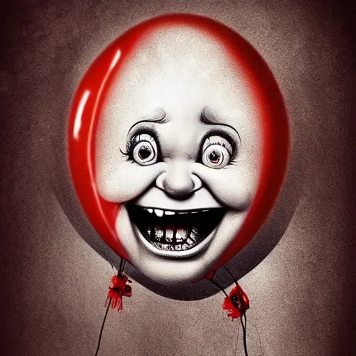 Image similar to surrealism grunge cartoon portrait sketch of a flower inside a balloon with a wide smile and a red balloon by - michael karcz, loony toons style, chucky style, horror theme, detailed, elegant, intricate