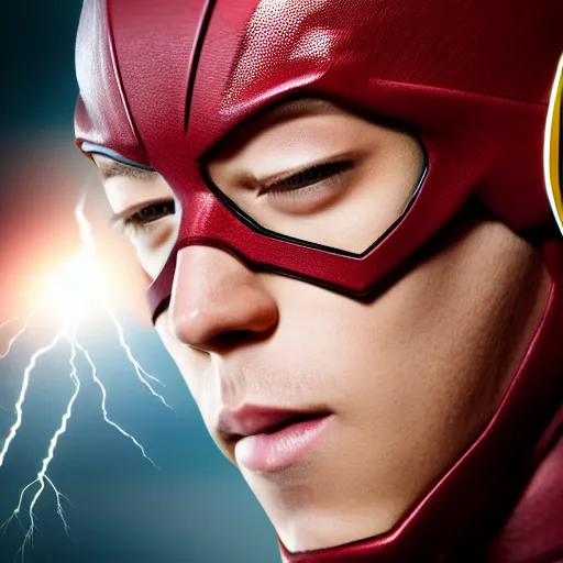 Prompt: close up of The Flash\'s face with lightning, realistic, detailed, 8k