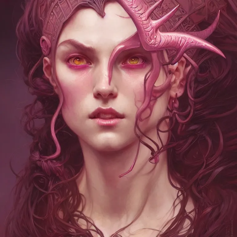 Prompt: a beautiful tiefling wizard with pink skin, brown curly hair, runic magic theme, intricate, sharp focus, illustration, highly detailed, digital painting, concept art, matte, art by wlop and artgerm and greg rutkowski and alphonse mucha, masterpiece