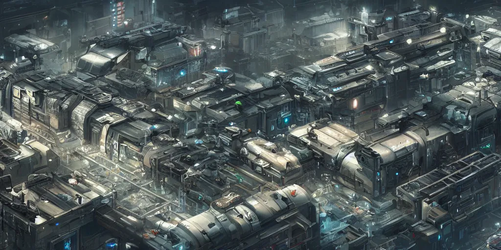 Prompt: a huge sci-fi factory where they make robots and weapons for the military, cyberpunk, art, high detail, high definition, 8k,
