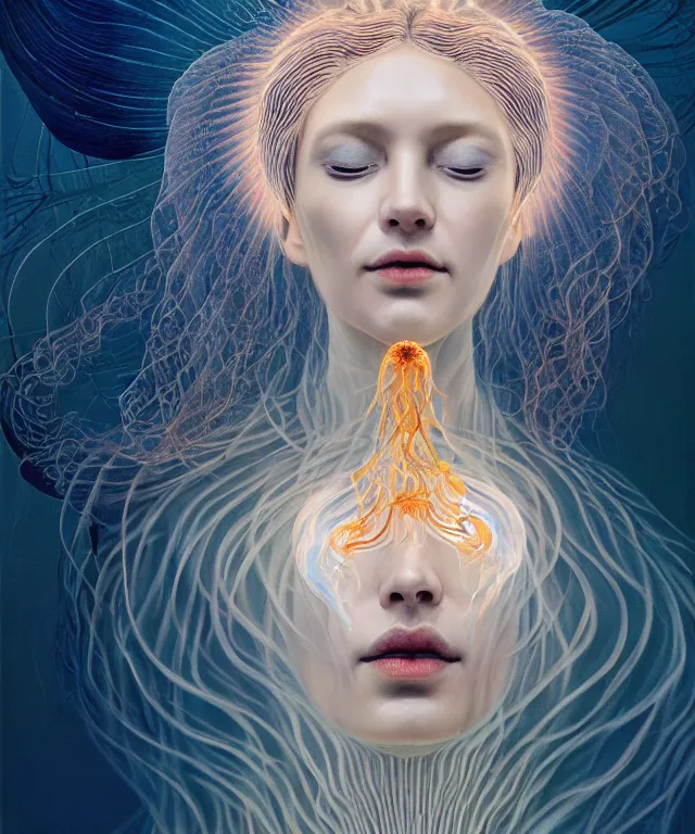 Image similar to portrait of a goddess of death with (reaction diffusion) scaled fish skin Bioluminescent phoenix jellyfish, burning phoenix halo, Her breath shot a haze of steam out into the frosty morning air concept, soft light, soft mood, realistic body features and face, illustration,intricate ornament halo, painting oil on canvas by Elena Zhurikhina and Goro Fujita and Charlie Bowater, octane render trending on artstation, 4k, 8k, HD