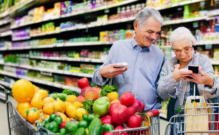 Prompt: old couple in a grocery shop, scanning items with smartphone, hold up smartphone, smartphone displays qr code, shopping carts full of groceries, close - up, extremely detailed photo, great composition, advertisement photo by agency